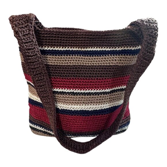 THE SAK Striped Crochet Shoulder Bag In Brown Navy Red Striped Ball Chain Charm - Picture 8 of 12